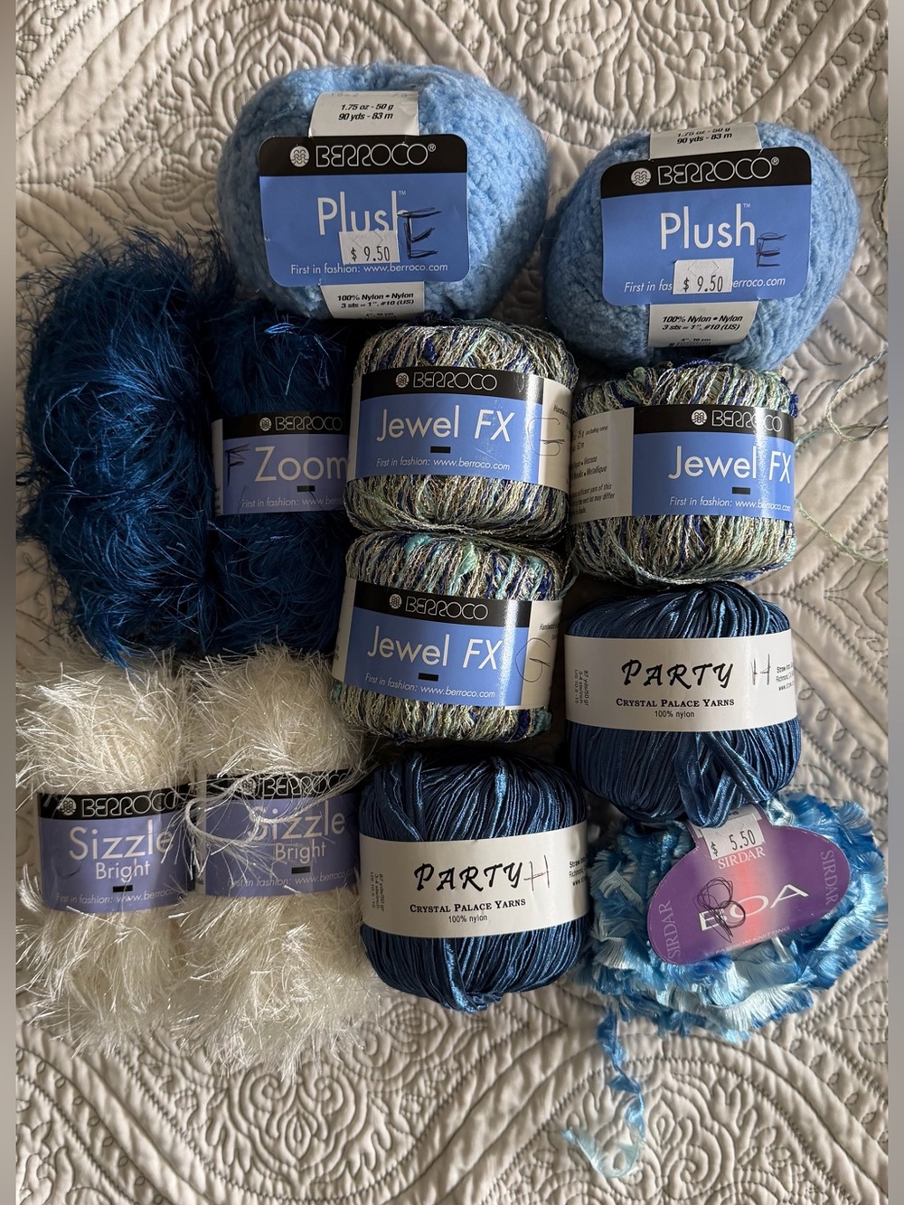 Blue and White Mix Yarn Assortment - Plush, Jewel FX & Party